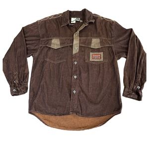 Major Damage Brown Denim w/Leather & Embroidered Button Down Shirt Size 2 VTG